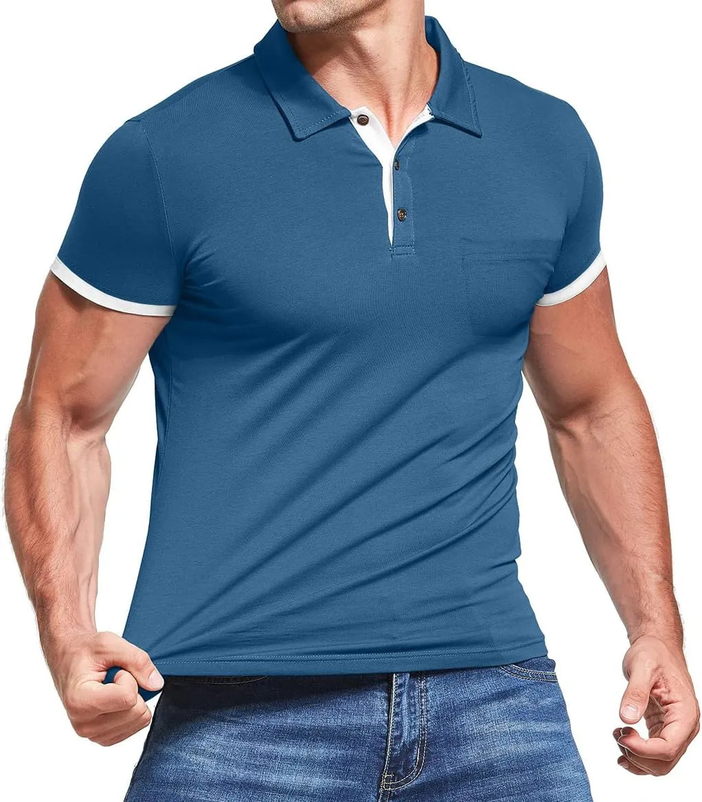 KUYIGO Men's Short&Long Sleeve Polo Shirts Casual Slim Fit Solid Soft Button Cotton Pocket Collared Shirt