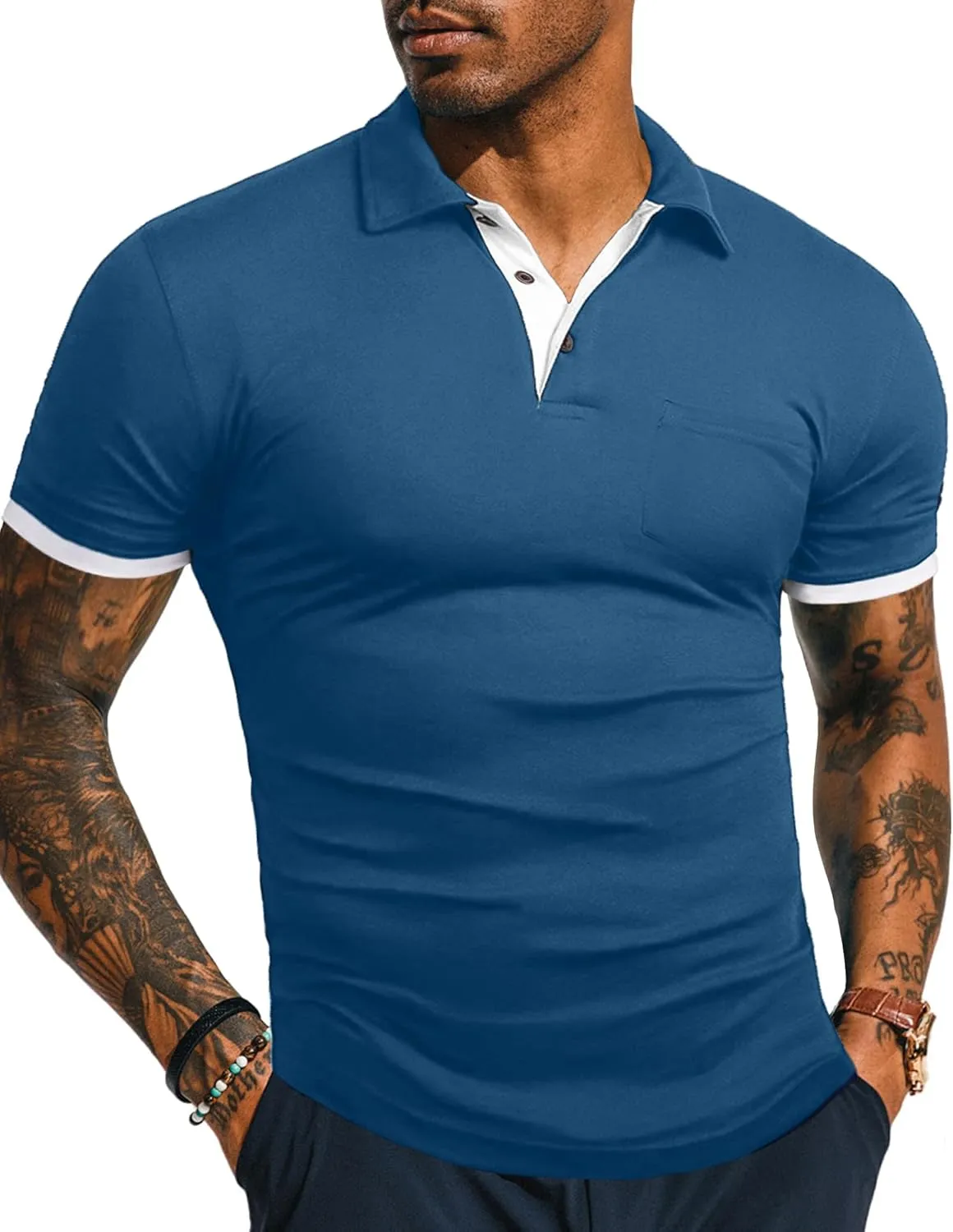 KUYIGO Men's Short&Long Sleeve Polo Shirts Casual Slim Fit Solid Soft Button Cotton Pocket Collared Shirt