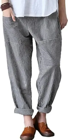 Laovanln Women's Linen Pants Summer Casual Loose Harem Pant Elastic Waist Wide Leg Baggy Trousers with Pockets