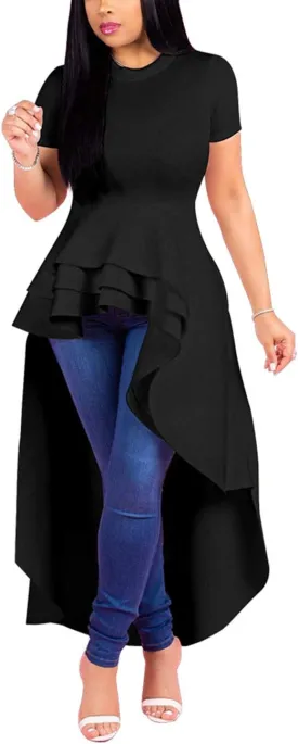 Lrady Womens Casual Shirt Dress High Low Irregular Ruffle Hem Blouse Asymmetrical Peplum Long Tunic Tops