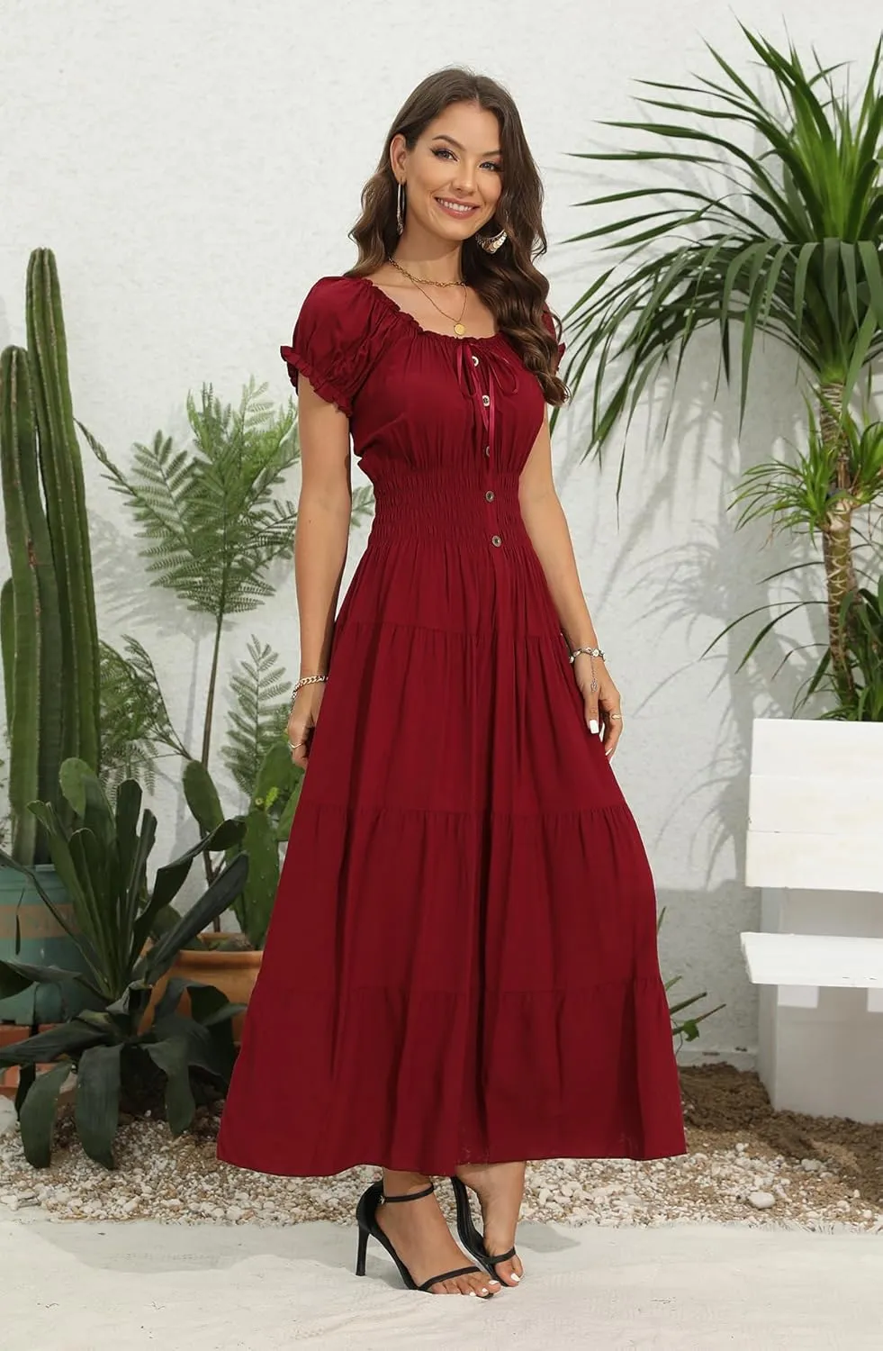 OSTOO Women's 2025 Summer Short Sleeves Boho Floral Print Tiered Casual Flowy Long Maxi Dress