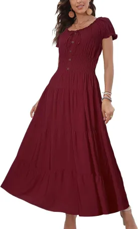 OSTOO Women's 2025 Summer Short Sleeves Boho Floral Print Tiered Casual Flowy Long Maxi Dress