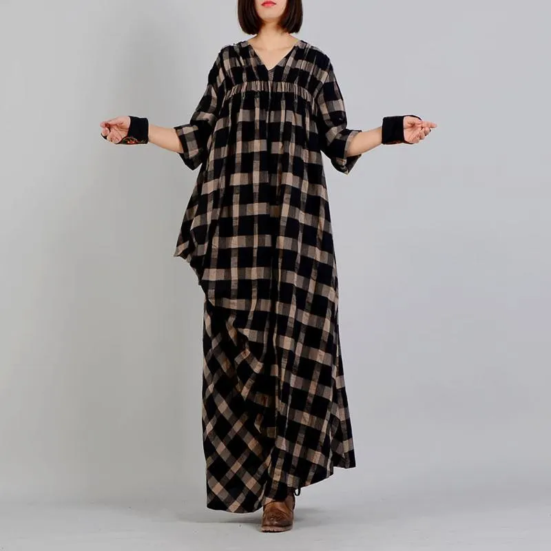 Oversized V-Neck Plaid Grunge Dress