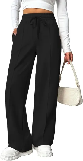 PINSPARK Wide Leg Sweatpants Women High Waisted Baggy Sweat Pants Elastic Elevated Seams Loose Active Pants with Pockets