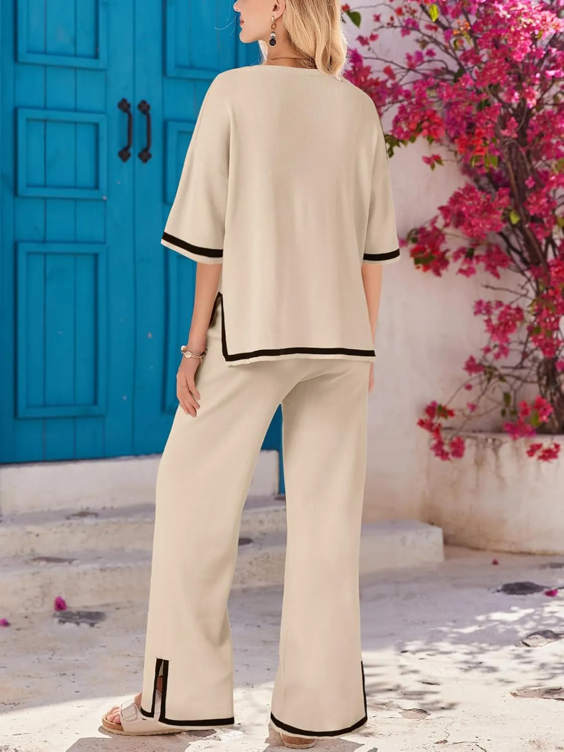 Rooscier Women's Two Piece Outfits Lounge Set Short Sleeve Knit Top Wide Leg Long Pants Lounge Sets