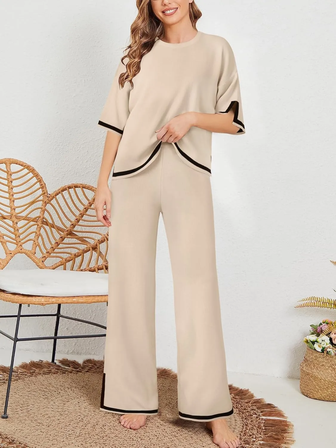 Rooscier Women's Two Piece Outfits Lounge Set Short Sleeve Knit Top Wide Leg Long Pants Lounge Sets