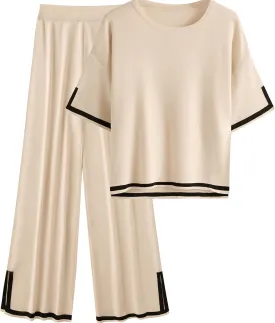 Rooscier Women's Two Piece Outfits Lounge Set Short Sleeve Knit Top Wide Leg Long Pants Lounge Sets