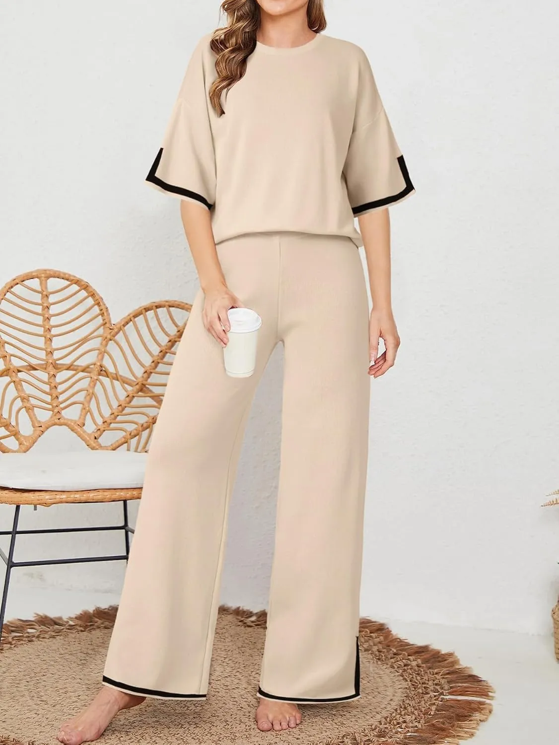 Rooscier Women's Two Piece Outfits Lounge Set Short Sleeve Knit Top Wide Leg Long Pants Lounge Sets