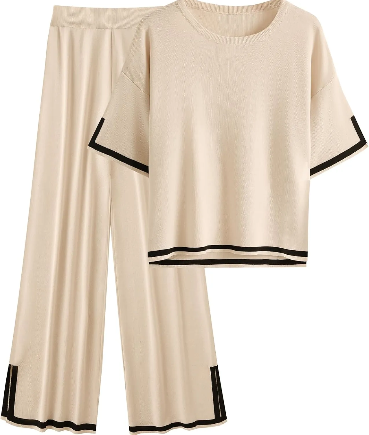 Rooscier Women's Two Piece Outfits Lounge Set Short Sleeve Knit Top Wide Leg Long Pants Lounge Sets