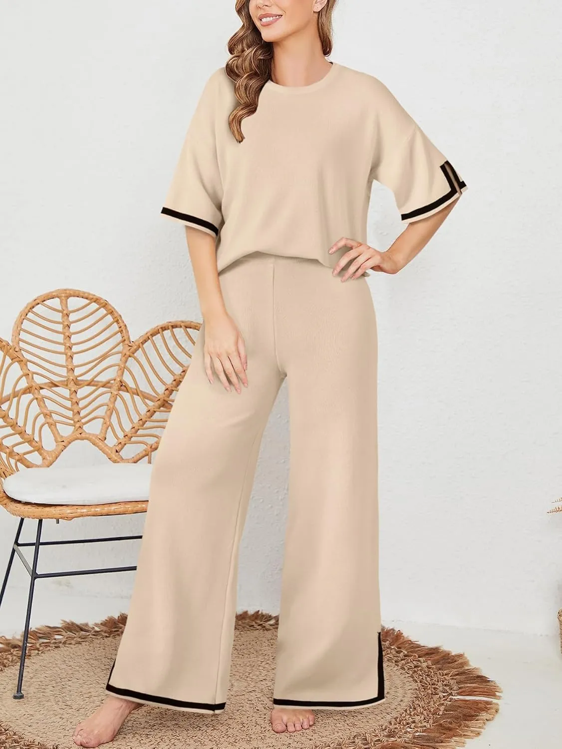 Rooscier Women's Two Piece Outfits Lounge Set Short Sleeve Knit Top Wide Leg Long Pants Lounge Sets