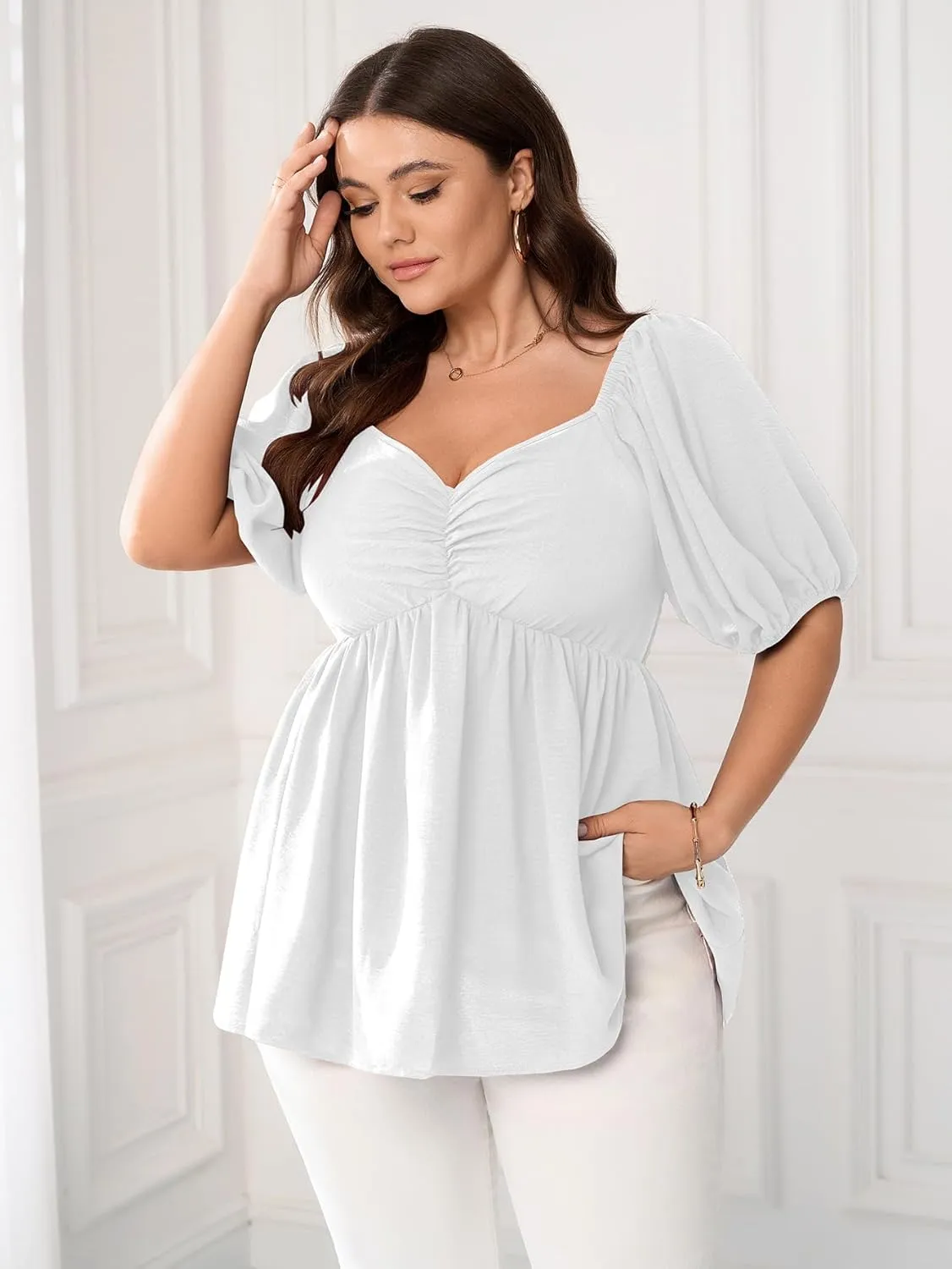 SCOMCHIC Womens Plus Size Peplum Tops Sweetheart Neck Short Sleeve Summer Babydoll Top Front Ruched Flowy Blouses Shirts