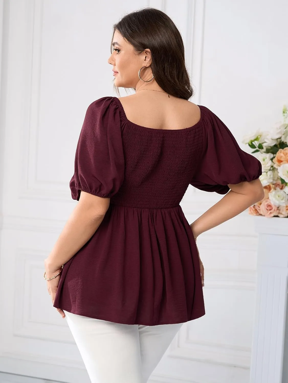 SCOMCHIC Womens Plus Size Peplum Tops Sweetheart Neck Short Sleeve Summer Babydoll Top Front Ruched Flowy Blouses Shirts
