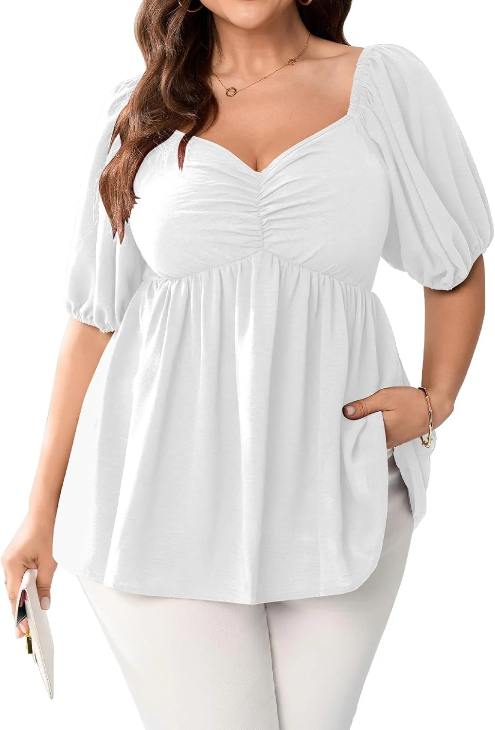 SCOMCHIC Womens Plus Size Peplum Tops Sweetheart Neck Short Sleeve Summer Babydoll Top Front Ruched Flowy Blouses Shirts