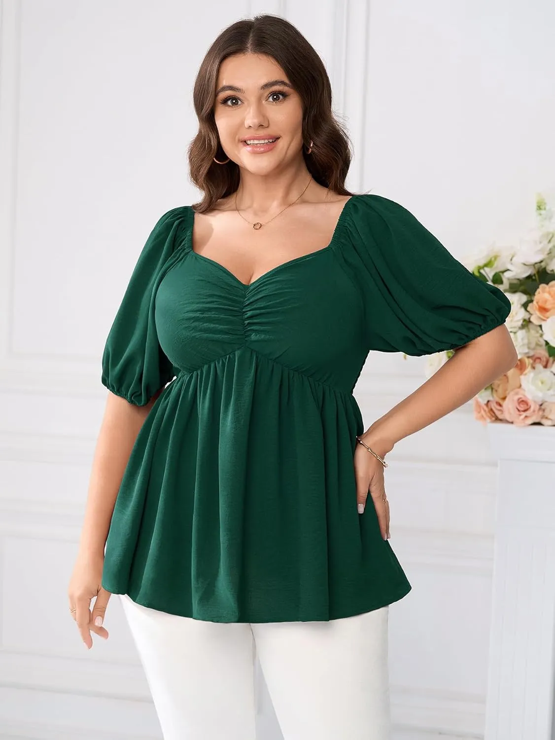 SCOMCHIC Womens Plus Size Peplum Tops Sweetheart Neck Short Sleeve Summer Babydoll Top Front Ruched Flowy Blouses Shirts