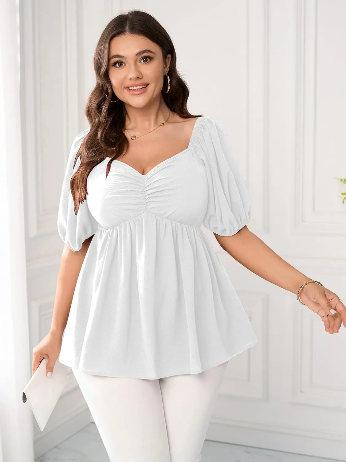 SCOMCHIC Womens Plus Size Peplum Tops Sweetheart Neck Short Sleeve Summer Babydoll Top Front Ruched Flowy Blouses Shirts