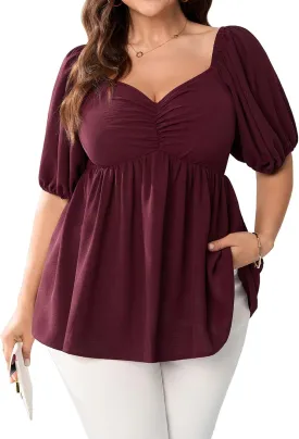 SCOMCHIC Womens Plus Size Peplum Tops Sweetheart Neck Short Sleeve Summer Babydoll Top Front Ruched Flowy Blouses Shirts