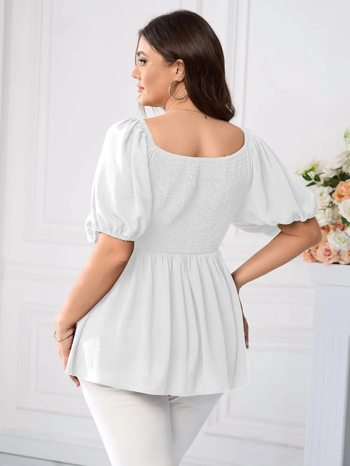 SCOMCHIC Womens Plus Size Peplum Tops Sweetheart Neck Short Sleeve Summer Babydoll Top Front Ruched Flowy Blouses Shirts