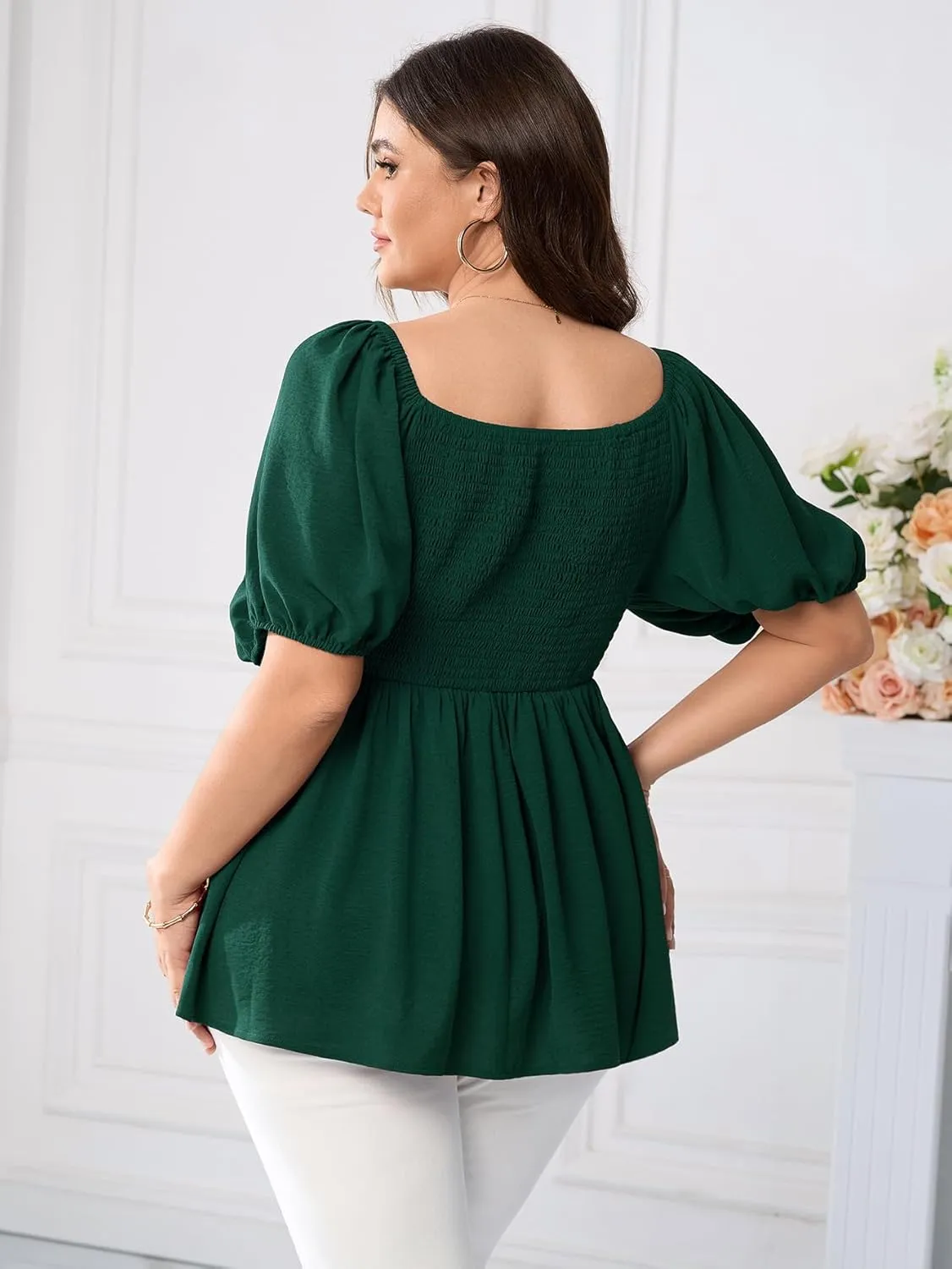 SCOMCHIC Womens Plus Size Peplum Tops Sweetheart Neck Short Sleeve Summer Babydoll Top Front Ruched Flowy Blouses Shirts
