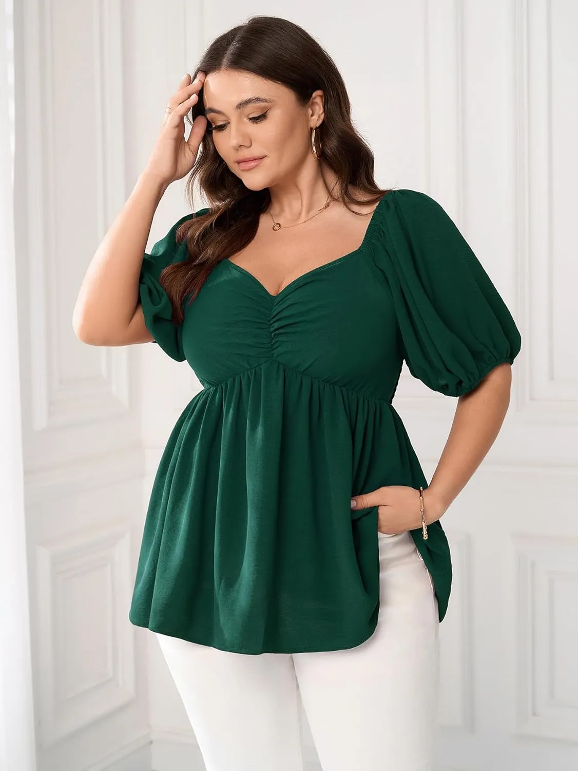 SCOMCHIC Womens Plus Size Peplum Tops Sweetheart Neck Short Sleeve Summer Babydoll Top Front Ruched Flowy Blouses Shirts