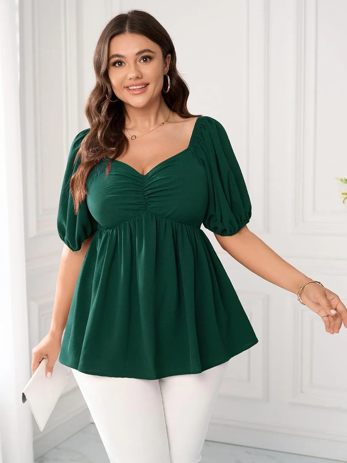 SCOMCHIC Womens Plus Size Peplum Tops Sweetheart Neck Short Sleeve Summer Babydoll Top Front Ruched Flowy Blouses Shirts
