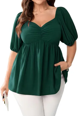 SCOMCHIC Womens Plus Size Peplum Tops Sweetheart Neck Short Sleeve Summer Babydoll Top Front Ruched Flowy Blouses Shirts