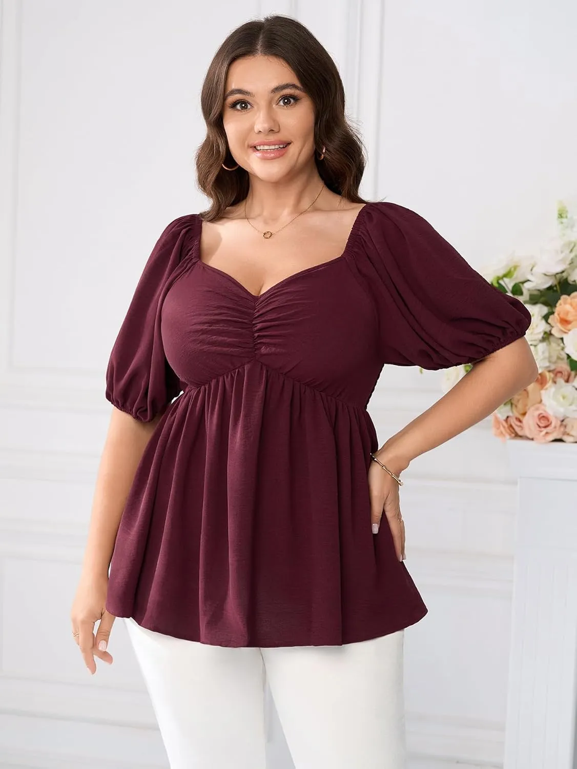 SCOMCHIC Womens Plus Size Peplum Tops Sweetheart Neck Short Sleeve Summer Babydoll Top Front Ruched Flowy Blouses Shirts