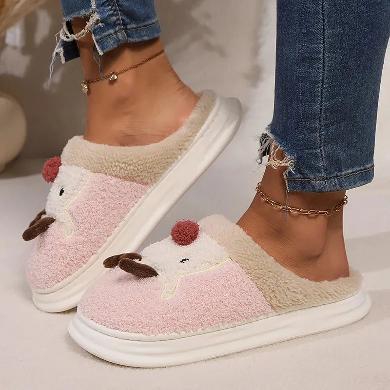 Sohiwoo Cartoon Christmas Elk Thick Bottom Cotton Slippers Women Winter Thicken Plush Indoor Slippers Woman Warm Fluffy Home Shoes