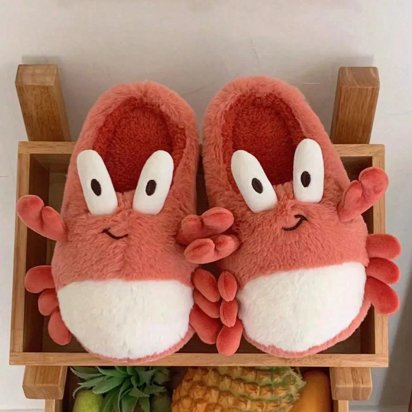 Sohiwoo Cute Crab Winter New Women Slipper Soft Heel Platform Fur Warm Indoor Comfortable Home Fluffy Home Slippers