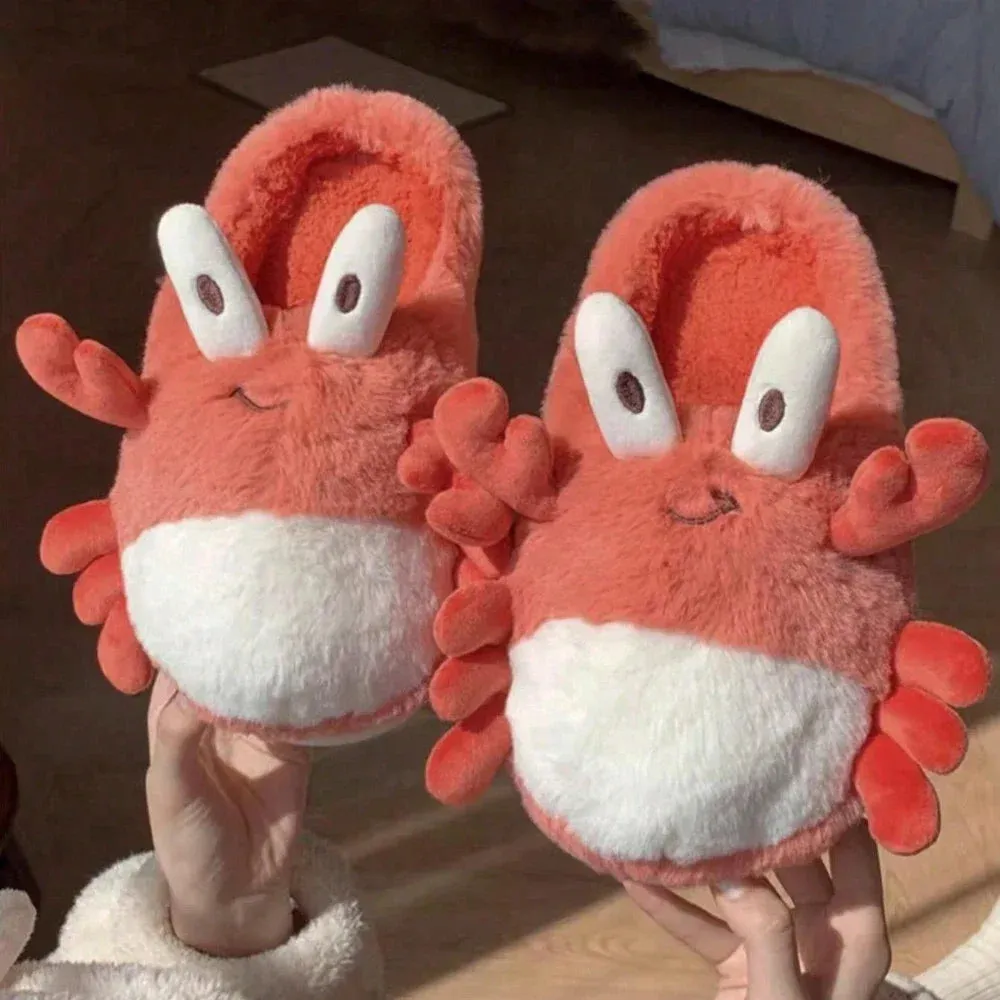 Sohiwoo Cute Crab Winter New Women Slipper Soft Heel Platform Fur Warm Indoor Comfortable Home Fluffy Home Slippers