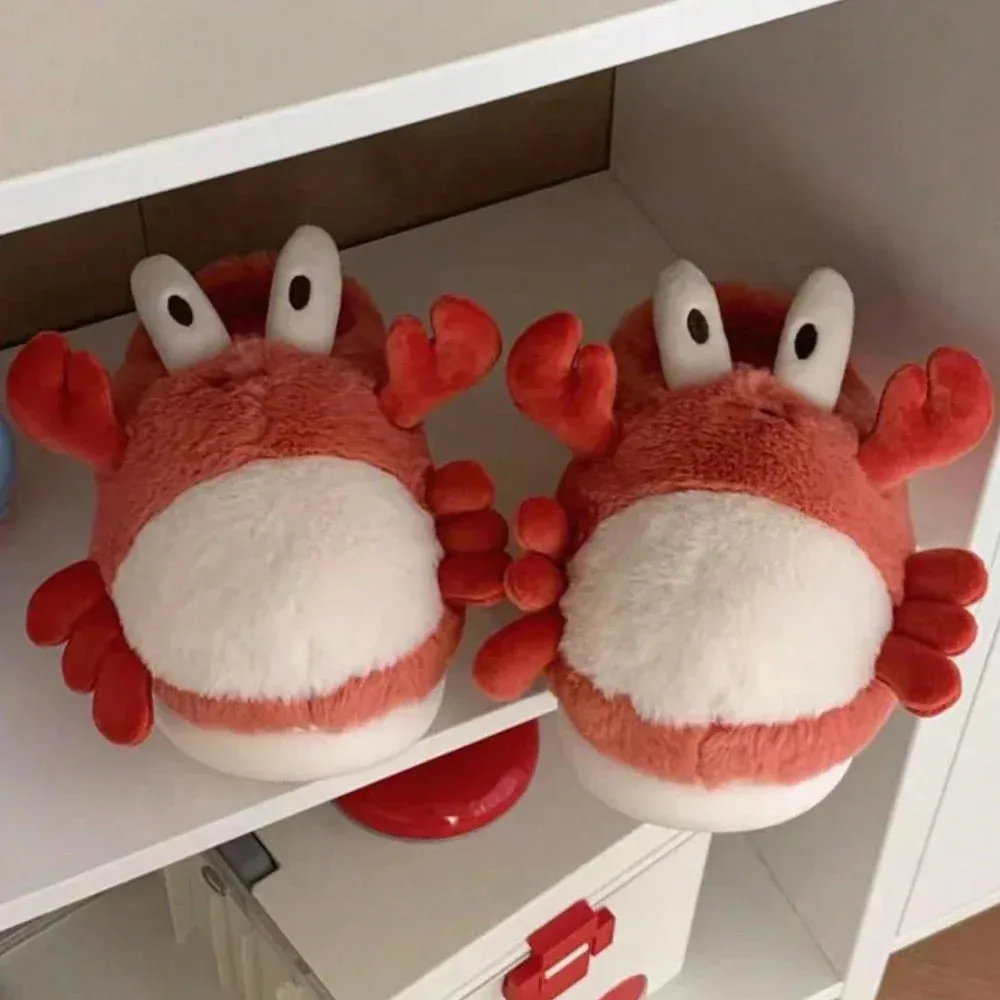 Sohiwoo Cute Crab Winter New Women Slipper Soft Heel Platform Fur Warm Indoor Comfortable Home Fluffy Home Slippers