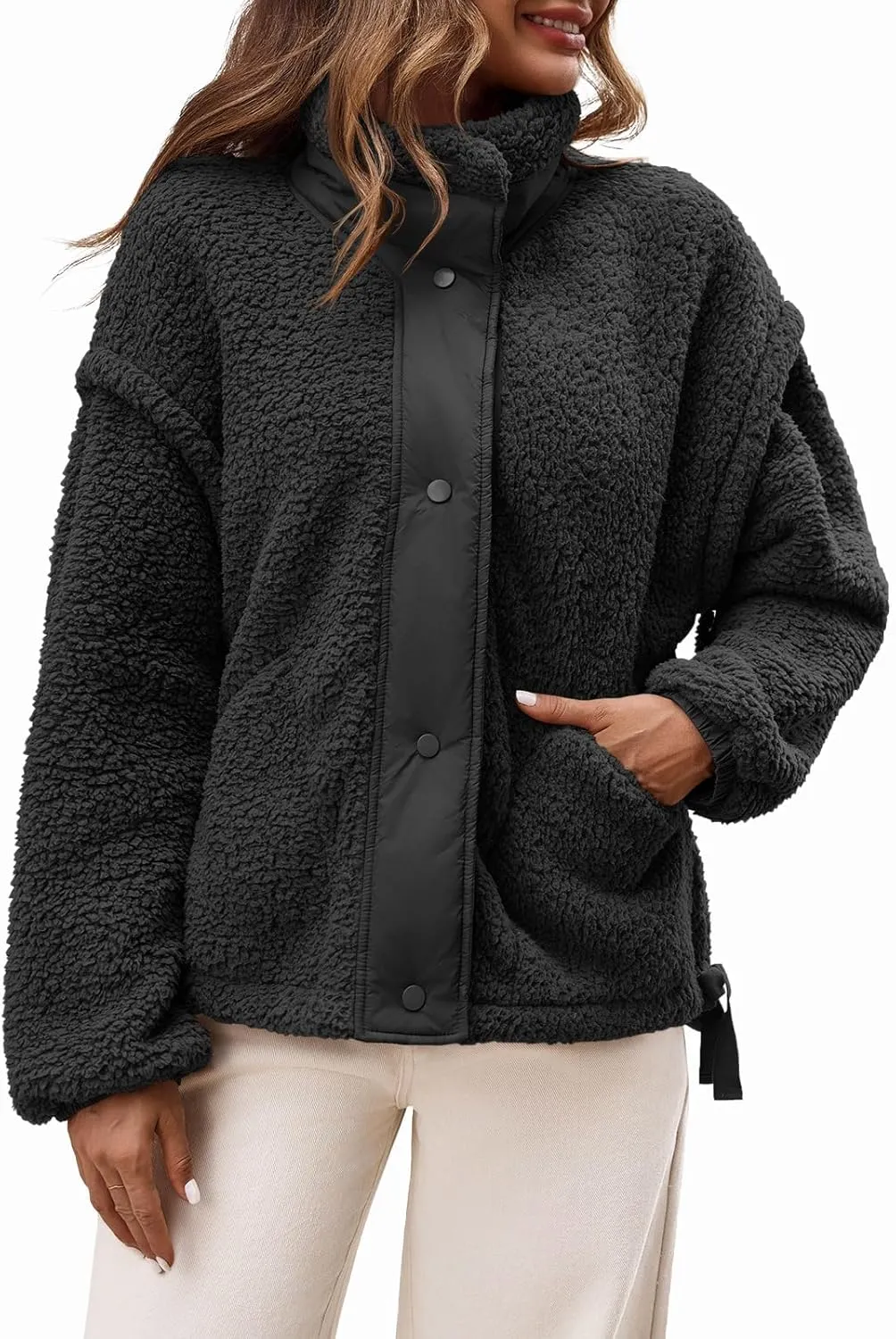 Tanakneo Womens Sherpa Fleece Jackets Casual Long Sleeve Fuzzy Coats Winter Warm Outerwear