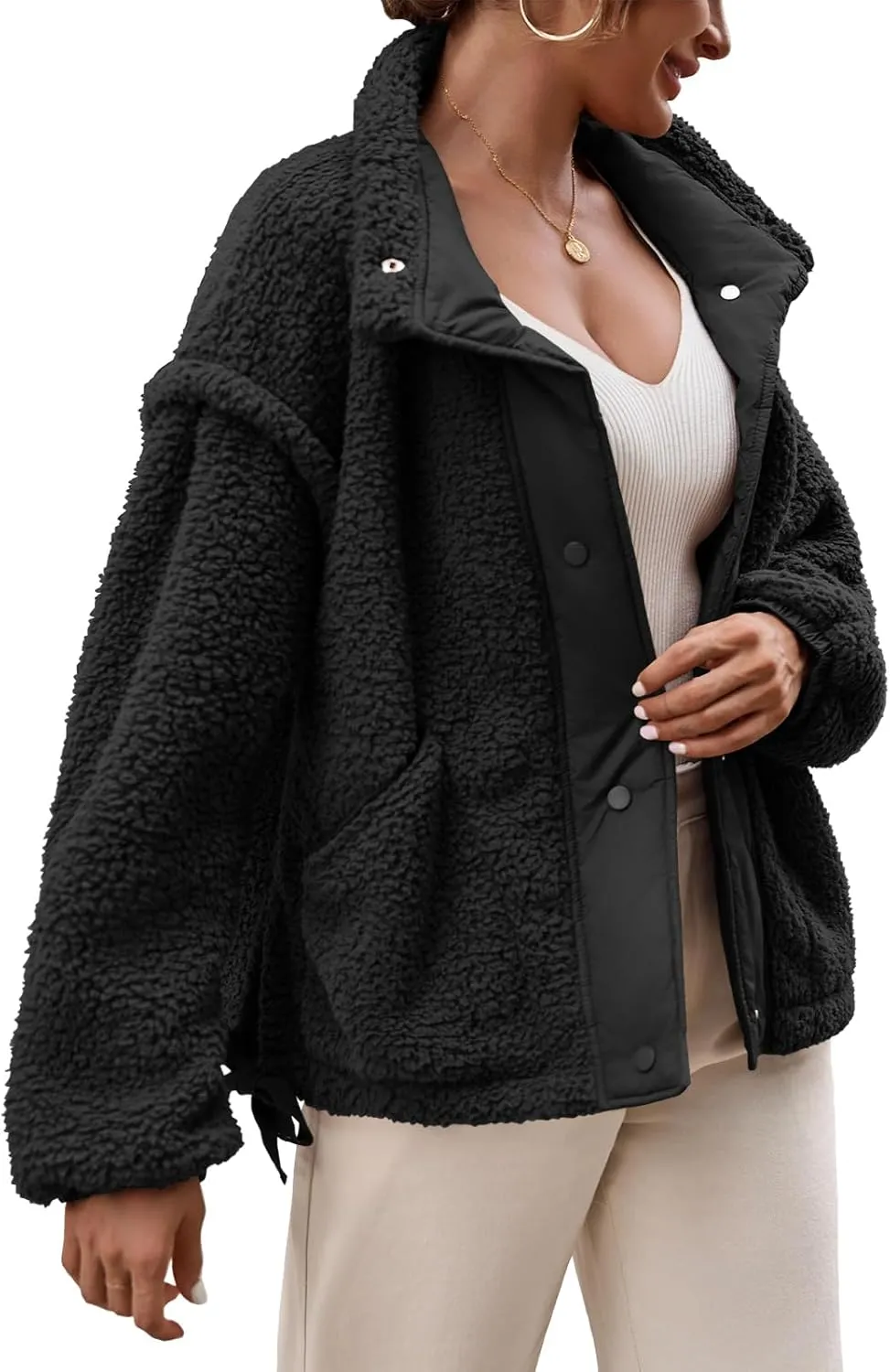 Tanakneo Womens Sherpa Fleece Jackets Casual Long Sleeve Fuzzy Coats Winter Warm Outerwear
