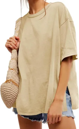 Tankaneo Womens Oversized Tshirts Summer Casual Short Sleeve Crew Neck T Shirt Loose Fit Side Slit Tee Tops