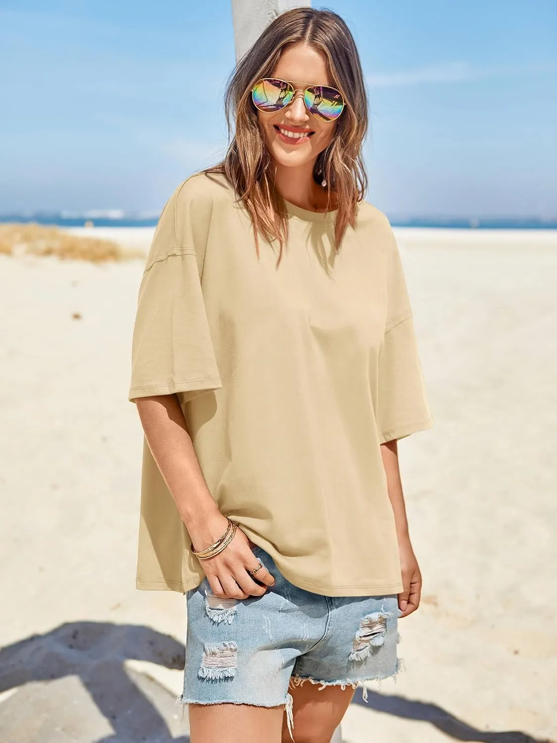 Tankaneo Womens Oversized Tshirts Summer Casual Short Sleeve Crew Neck T Shirt Loose Fit Side Slit Tee Tops