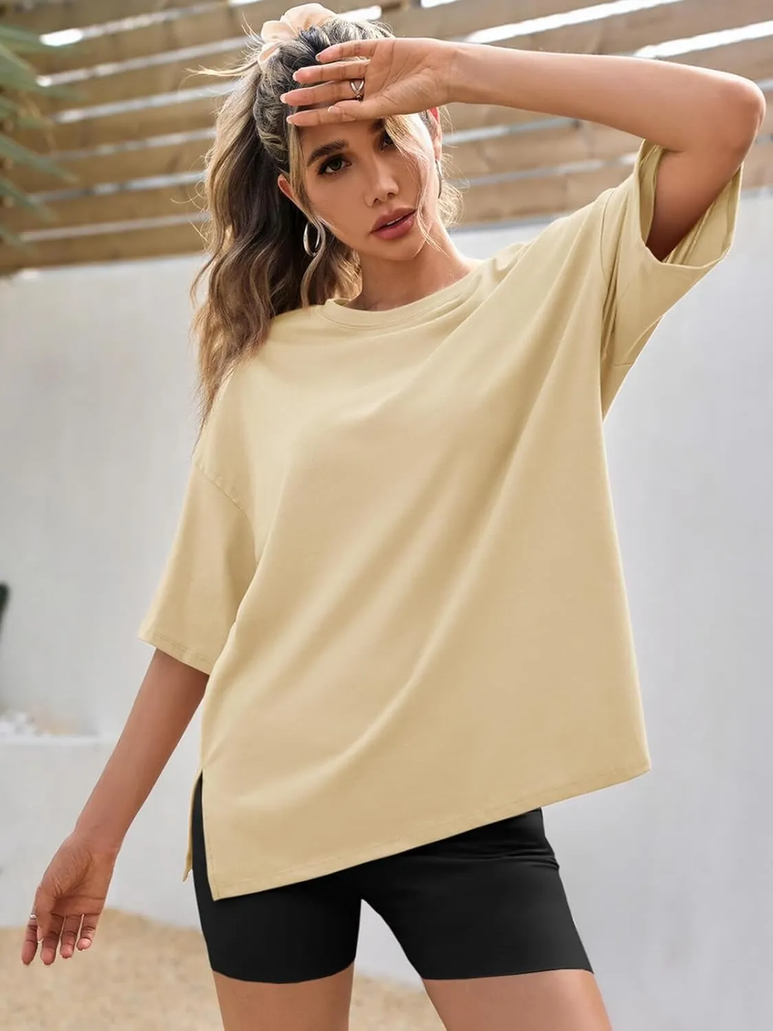 Tankaneo Womens Oversized Tshirts Summer Casual Short Sleeve Crew Neck T Shirt Loose Fit Side Slit Tee Tops