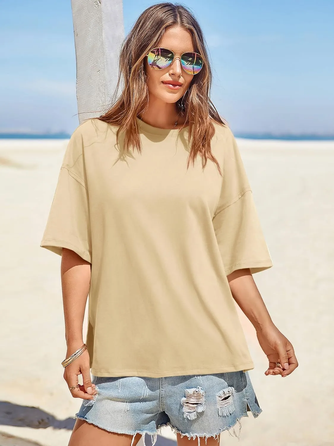 Tankaneo Womens Oversized Tshirts Summer Casual Short Sleeve Crew Neck T Shirt Loose Fit Side Slit Tee Tops
