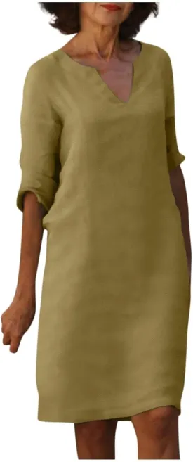 TIAFORD Women Casual Cotton Linen Midi Dress Summer V Neck Half Sleeve Beach Flowy Loose Solid Tunic Dress 2025