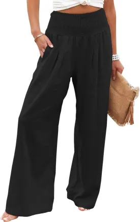 Vansha Women Summer High Waisted Cotton Linen Palazzo Pants Wide Leg Long Lounge Pant Trousers with Pocket
