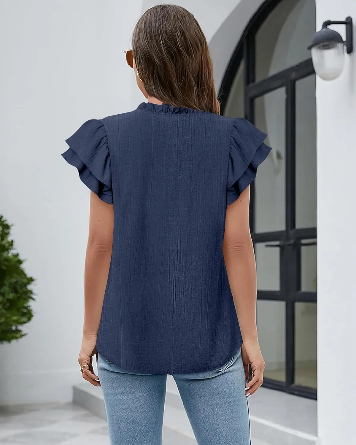 Vivilli Women Summer Dressy Casual Tops Ruffle Short Sleeve Work Business Blouses V Neck Tie Front Shirts