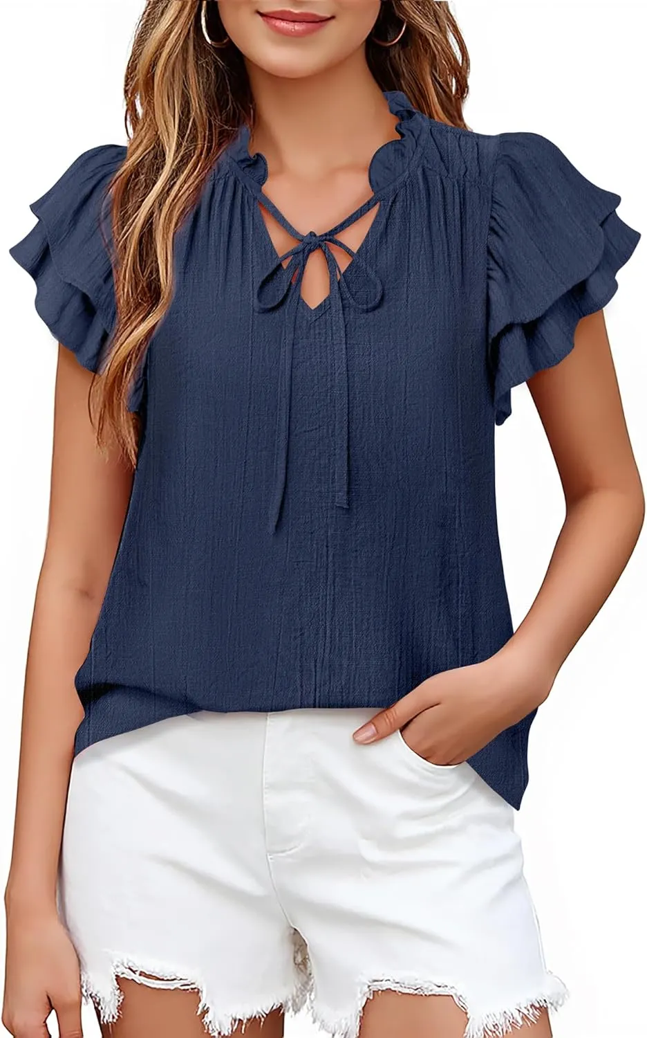 Vivilli Women Summer Dressy Casual Tops Ruffle Short Sleeve Work Business Blouses V Neck Tie Front Shirts