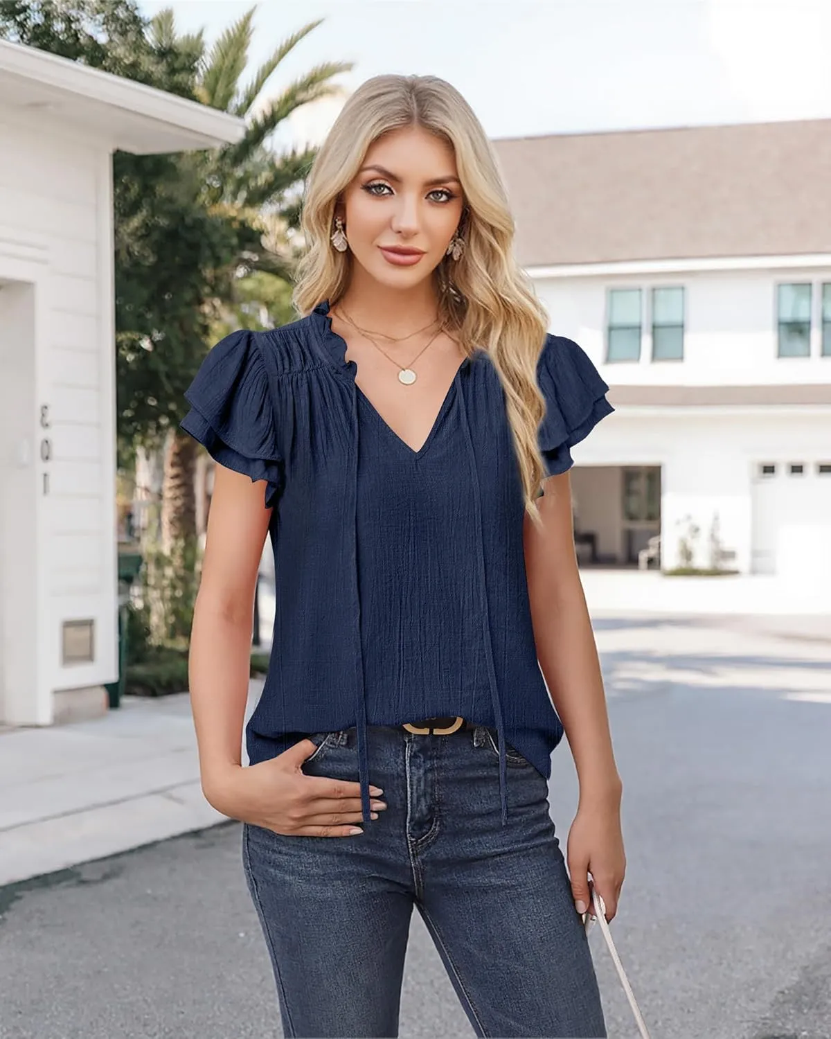 Vivilli Women Summer Dressy Casual Tops Ruffle Short Sleeve Work Business Blouses V Neck Tie Front Shirts