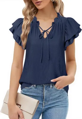 Vivilli Women Summer Dressy Casual Tops Ruffle Short Sleeve Work Business Blouses V Neck Tie Front Shirts