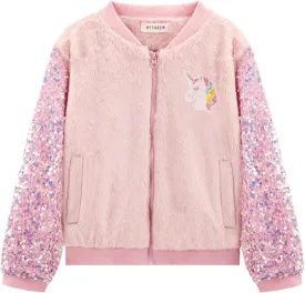 WELAKEN Girls Unicorn Fleece Full-zip Sequin Sleeves Jacket with Pocket for Toddler & Kids