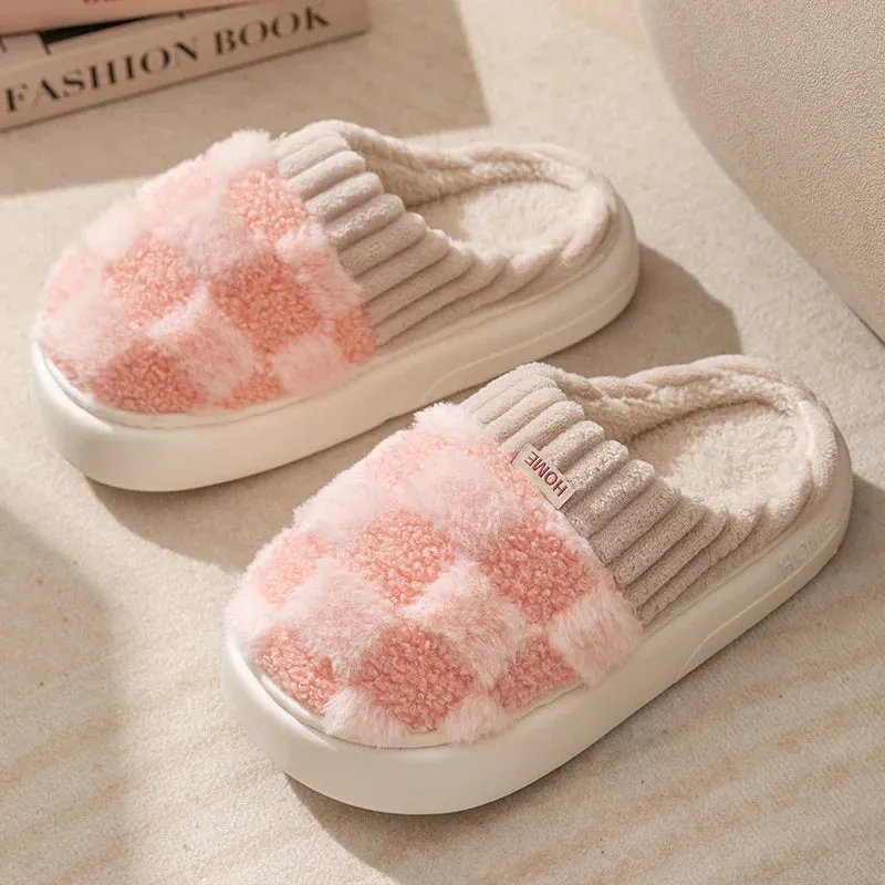 Wjczt Autum Winter Plush Warm Women Cotton Slippers Casual Indoor Home Toe Wrap Cartoon Slides Men Anti Slip Thick Platform Soft Shoes