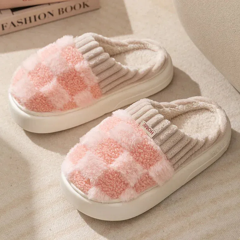 Wjczt Autum Winter Plush Warm Women Cotton Slippers Casual Indoor Home Toe Wrap Cartoon Slides Men Anti Slip Thick Platform Soft Shoes