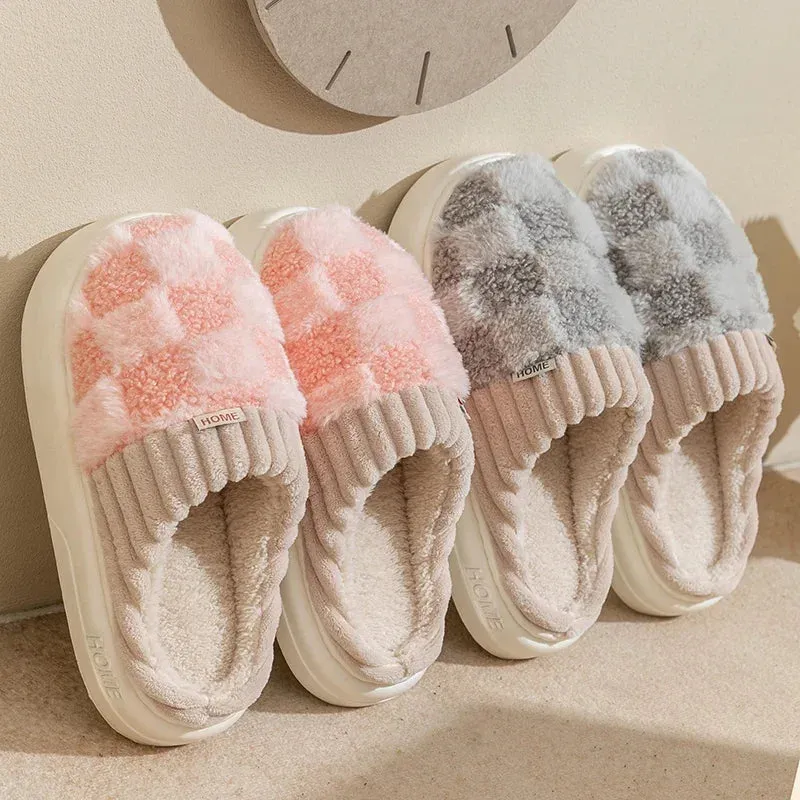 Wjczt Autum Winter Plush Warm Women Cotton Slippers Casual Indoor Home Toe Wrap Cartoon Slides Men Anti Slip Thick Platform Soft Shoes
