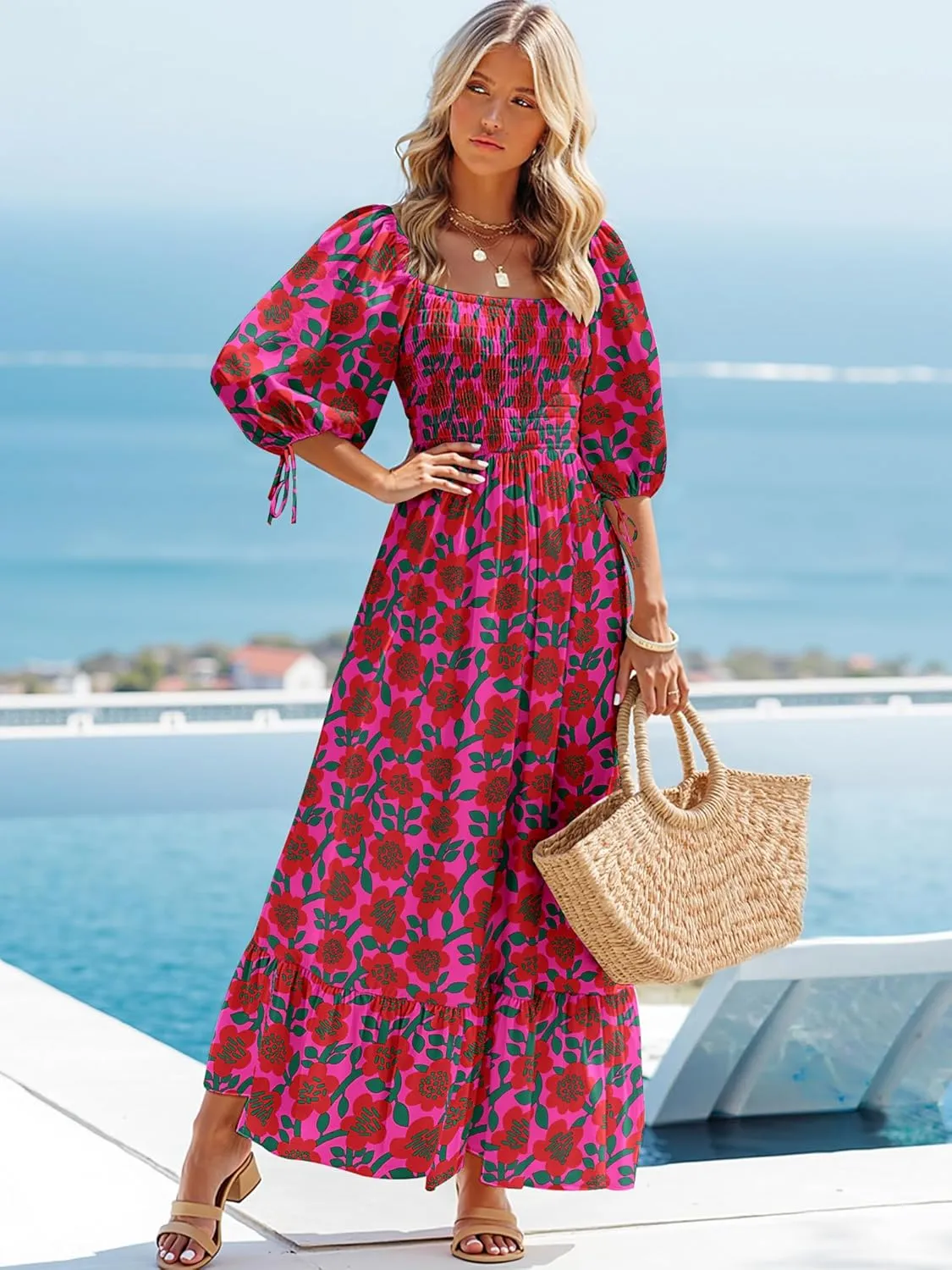 Women Boho Maxi Dresses Summer 2025 Puff Sleeve Square Neck Smocked Aline Casual Ruffle Tiered Flowy Beach Long Dress Pocket