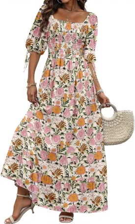 Women Boho Maxi Dresses Summer 2025 Puff Sleeve Square Neck Smocked Aline Casual Ruffle Tiered Flowy Beach Long Dress Pocket