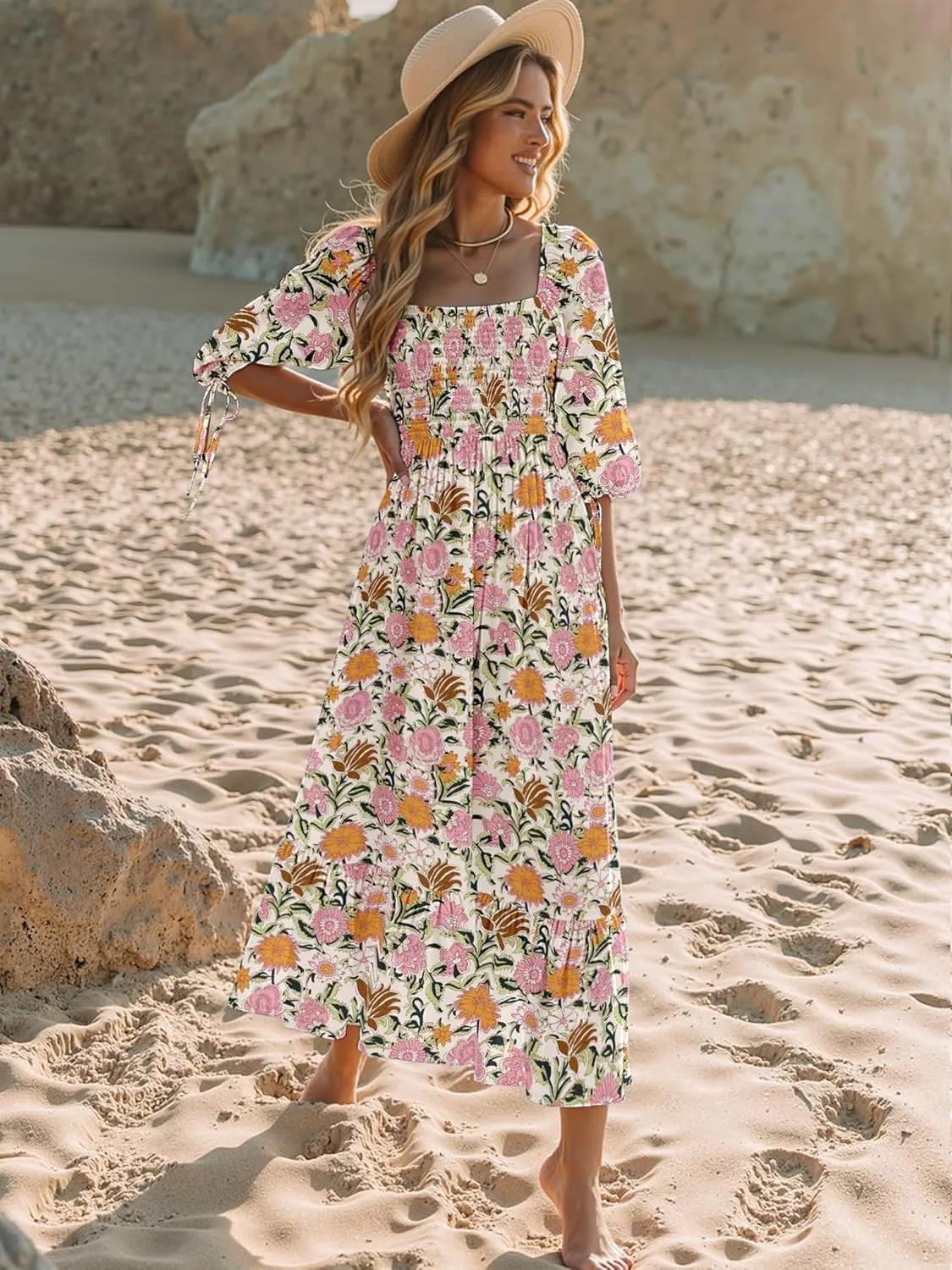 Women Boho Maxi Dresses Summer 2025 Puff Sleeve Square Neck Smocked Aline Casual Ruffle Tiered Flowy Beach Long Dress Pocket