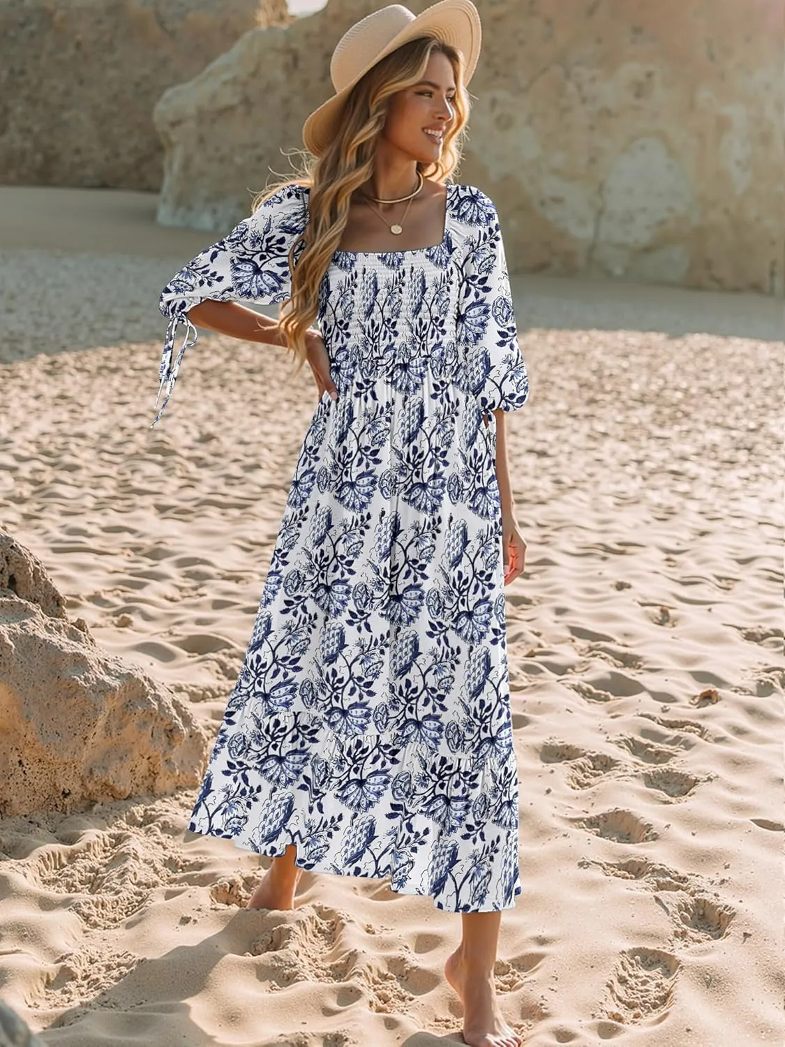 Women Boho Maxi Dresses Summer 2025 Puff Sleeve Square Neck Smocked Aline Casual Ruffle Tiered Flowy Beach Long Dress Pocket